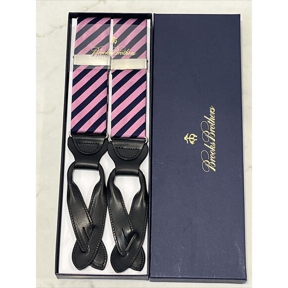 Brooks Brothers Pink Navy Diagonal Stripe Suspenders Braces Silk Leather Silver